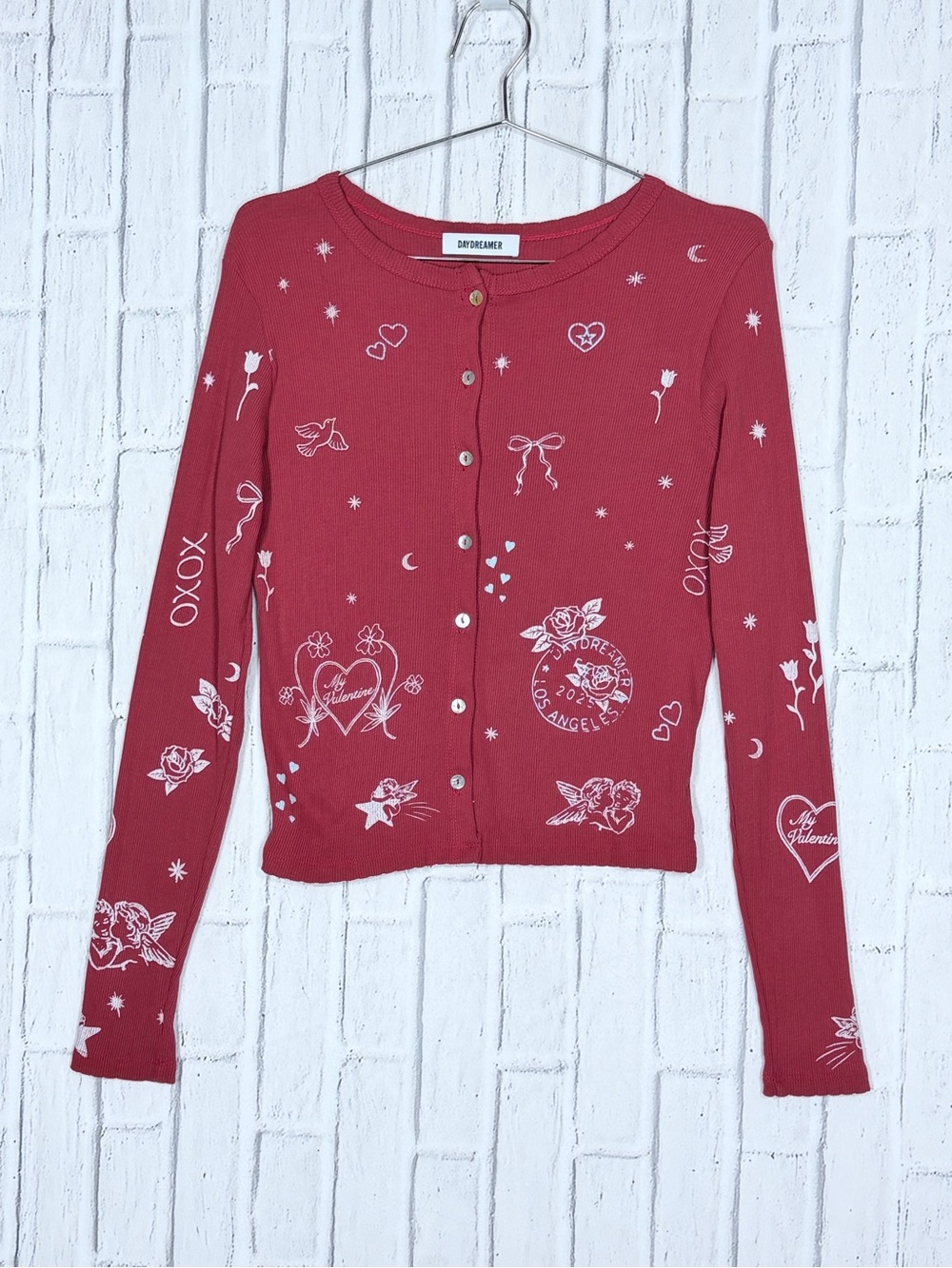 💘 Daydreamer My Valentine Tattoo Print Ribbed Cardigan Red Large